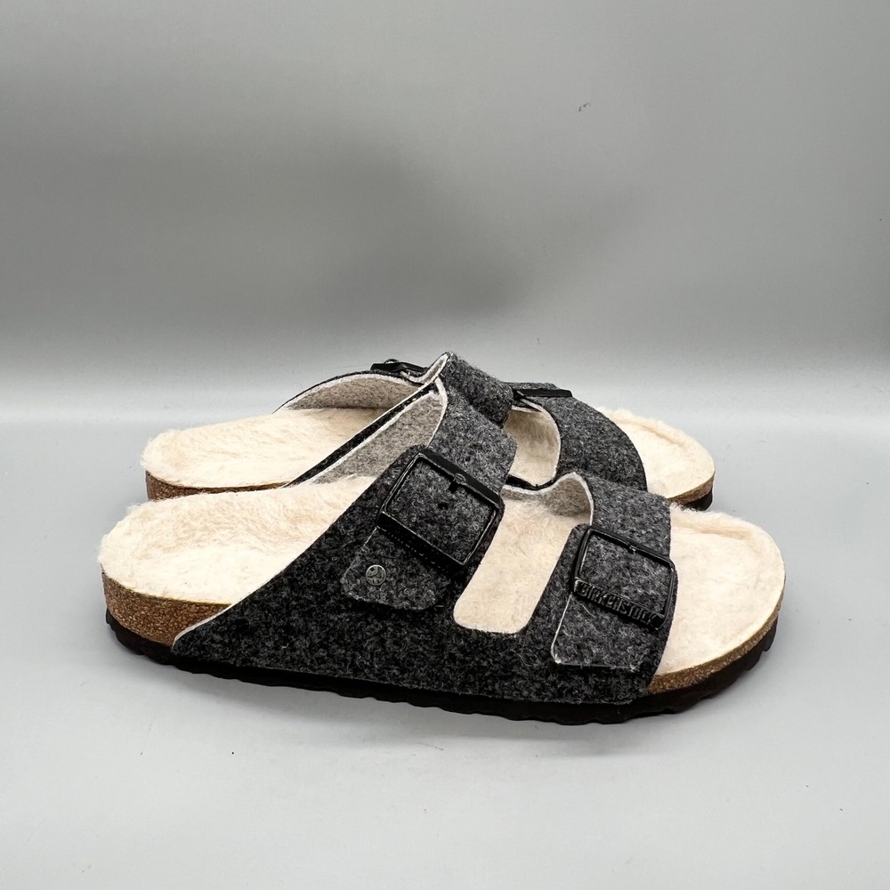 Birkenstock Arizona Sandals Mens 8 Gray Wool Felt Shearling Lined Slides Shoes